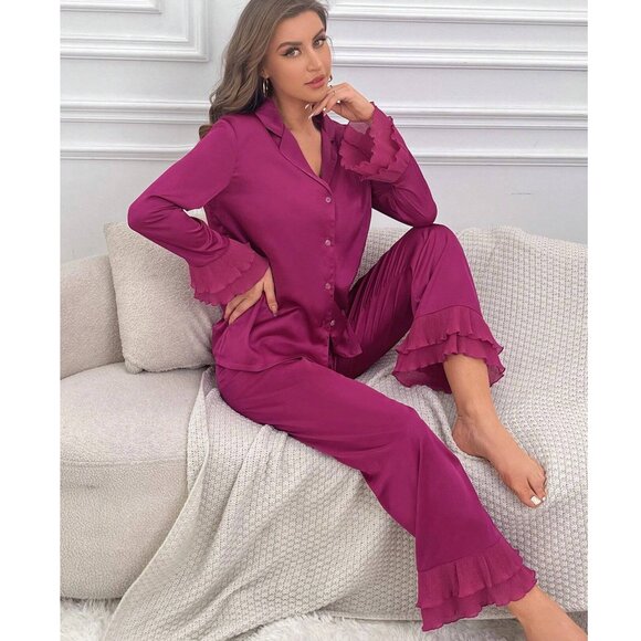 NWOT Hot Pink Ruffle Trim Satin PJ Set from Shein Sz M - Picture 6 of 6